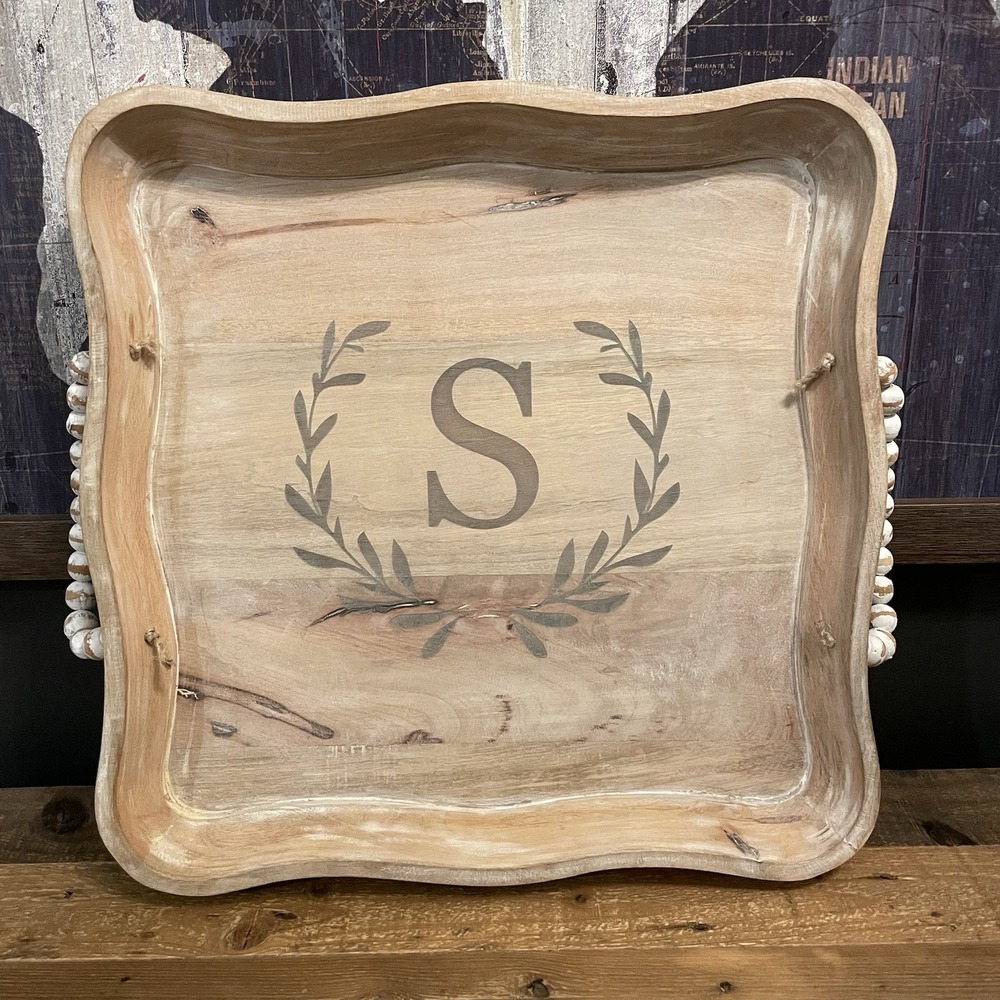Large 18" MUD PIE Monogram S Scalloped White Washed Serve Serving Wood Tray